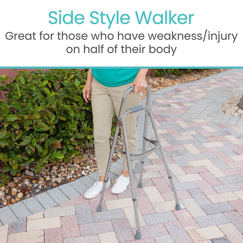 Person using a side style walker on a paved path with text about its use.