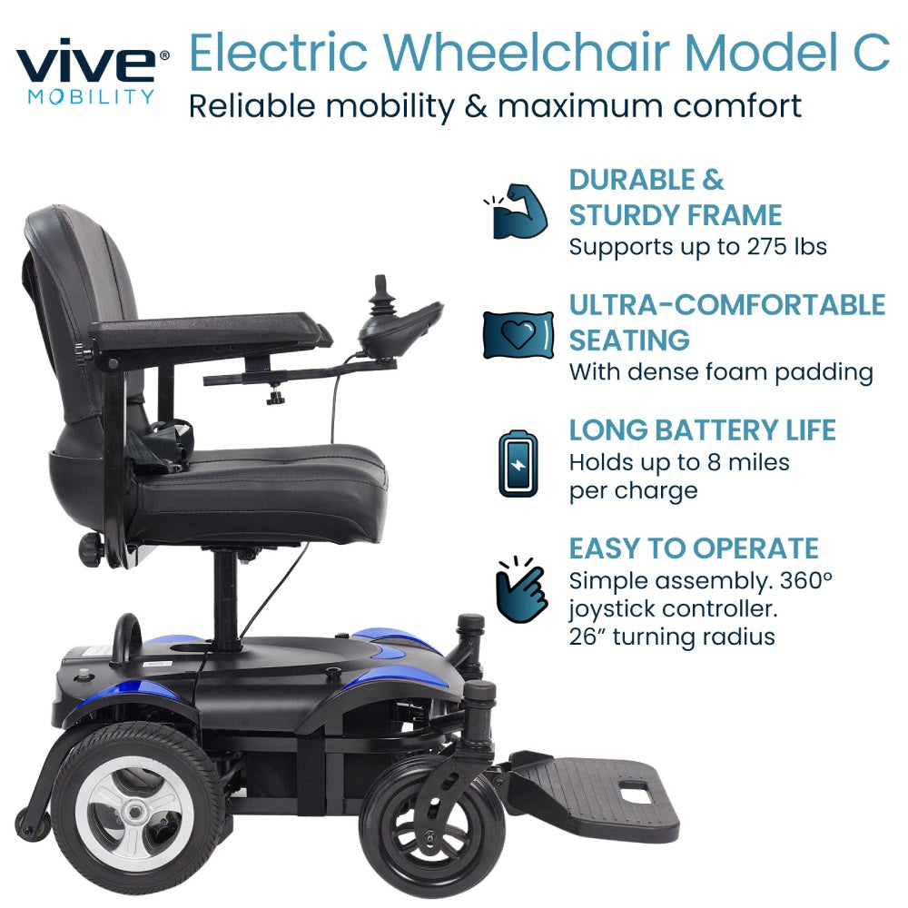 Vive Mobility electric wheelchair with features listed on a white background