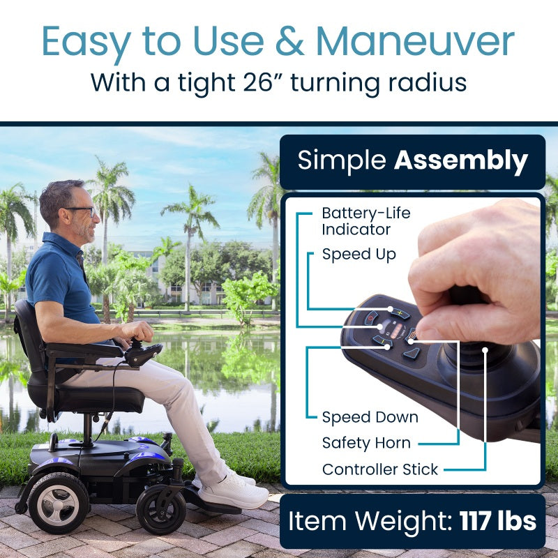 Electric wheelchair with features highlighted and a person using it outdoors.