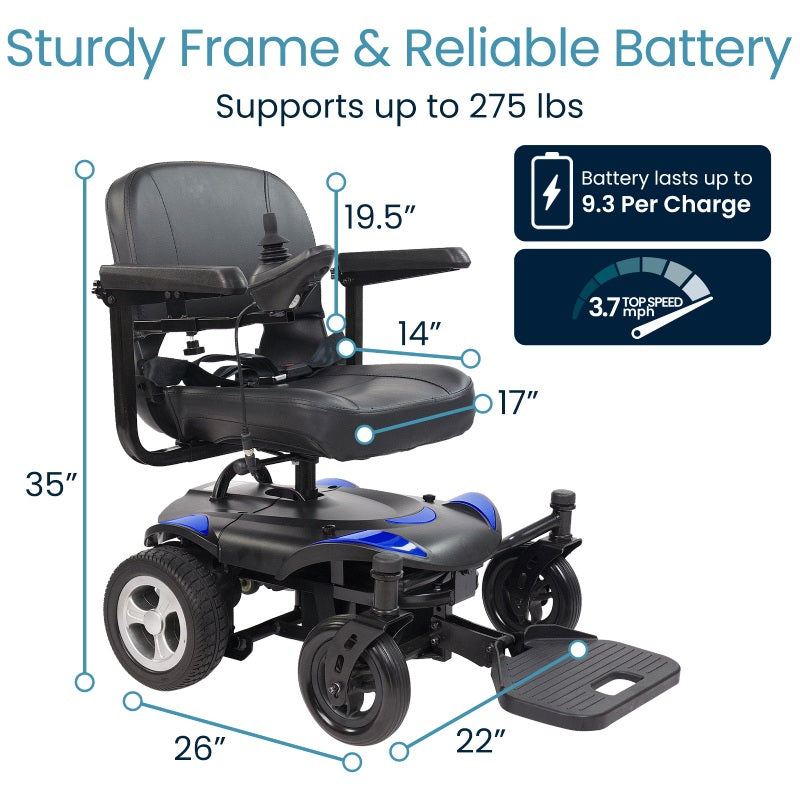 Power wheelchair with measurements and battery life information on a white background