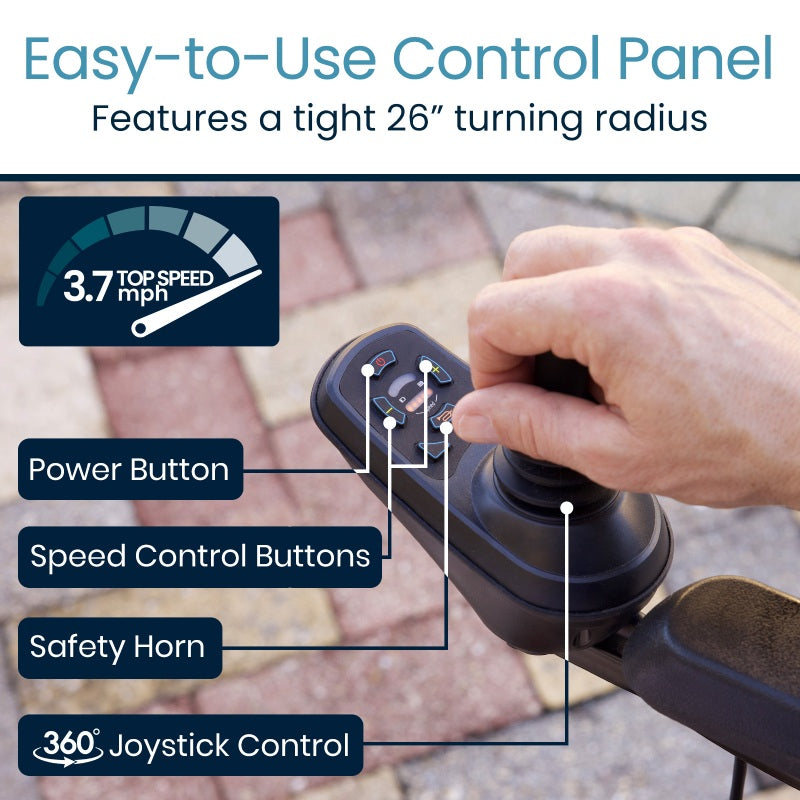 Control panel with joystick and labeled buttons, featuring a hand operating it.