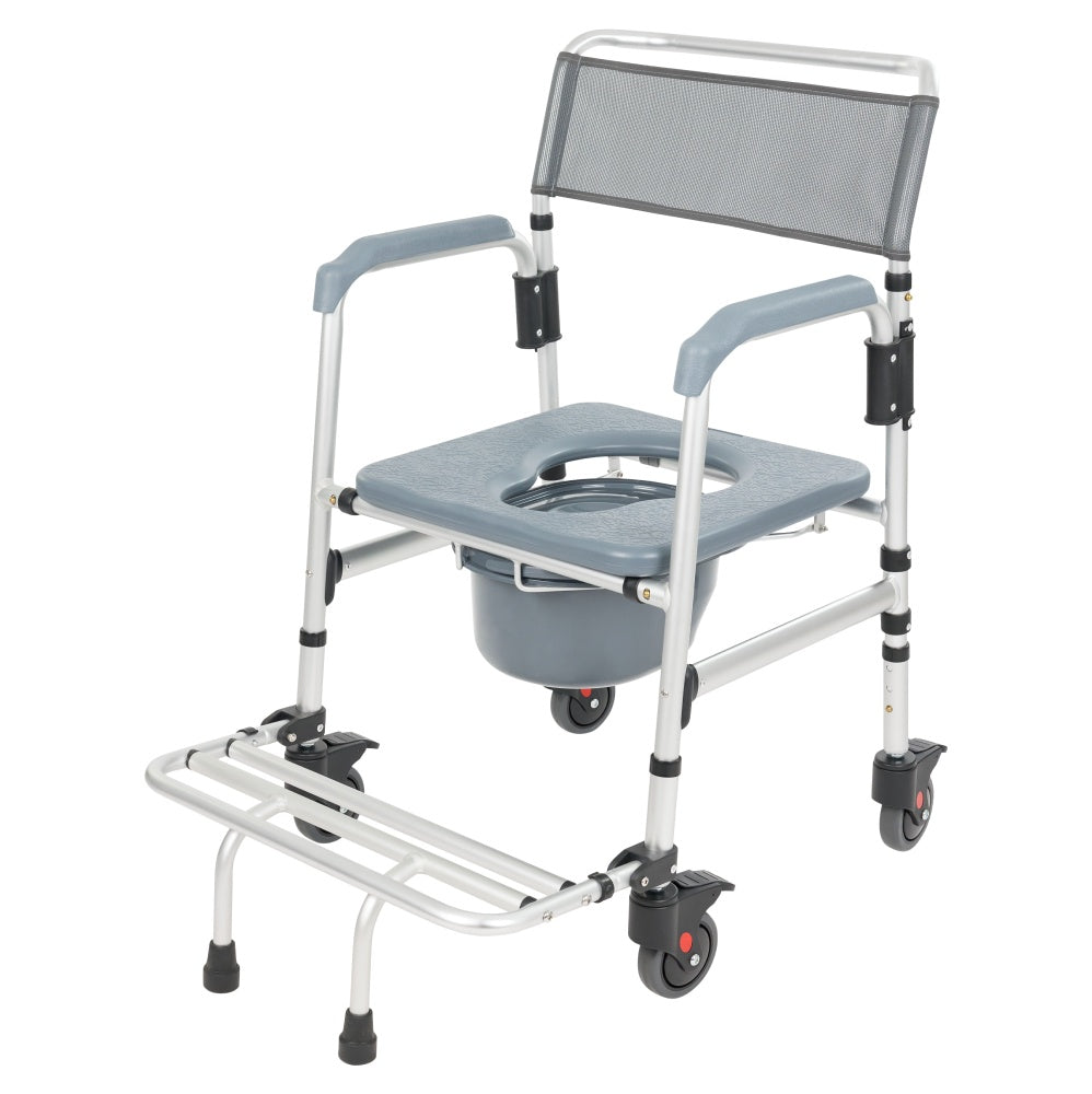 Gray and silver commode chair with wheels on a white background