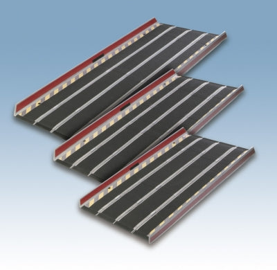 Two metal ramps with red edges on a light blue background
