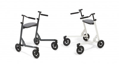 Two mobility devices, one with a black frame and one with a white frame, on a white background.