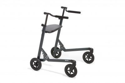 Black knee walker with four wheels on a white background