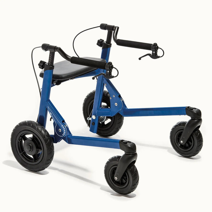 Blue knee walker with black seat and wheels on a white background