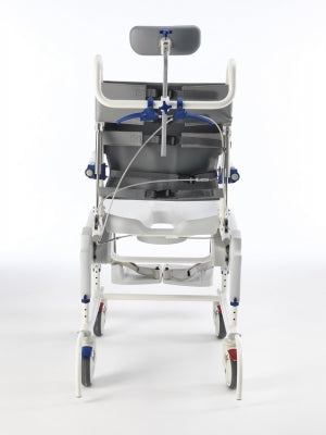 Medical shower chair with adjustable headrest and footrest on a white background