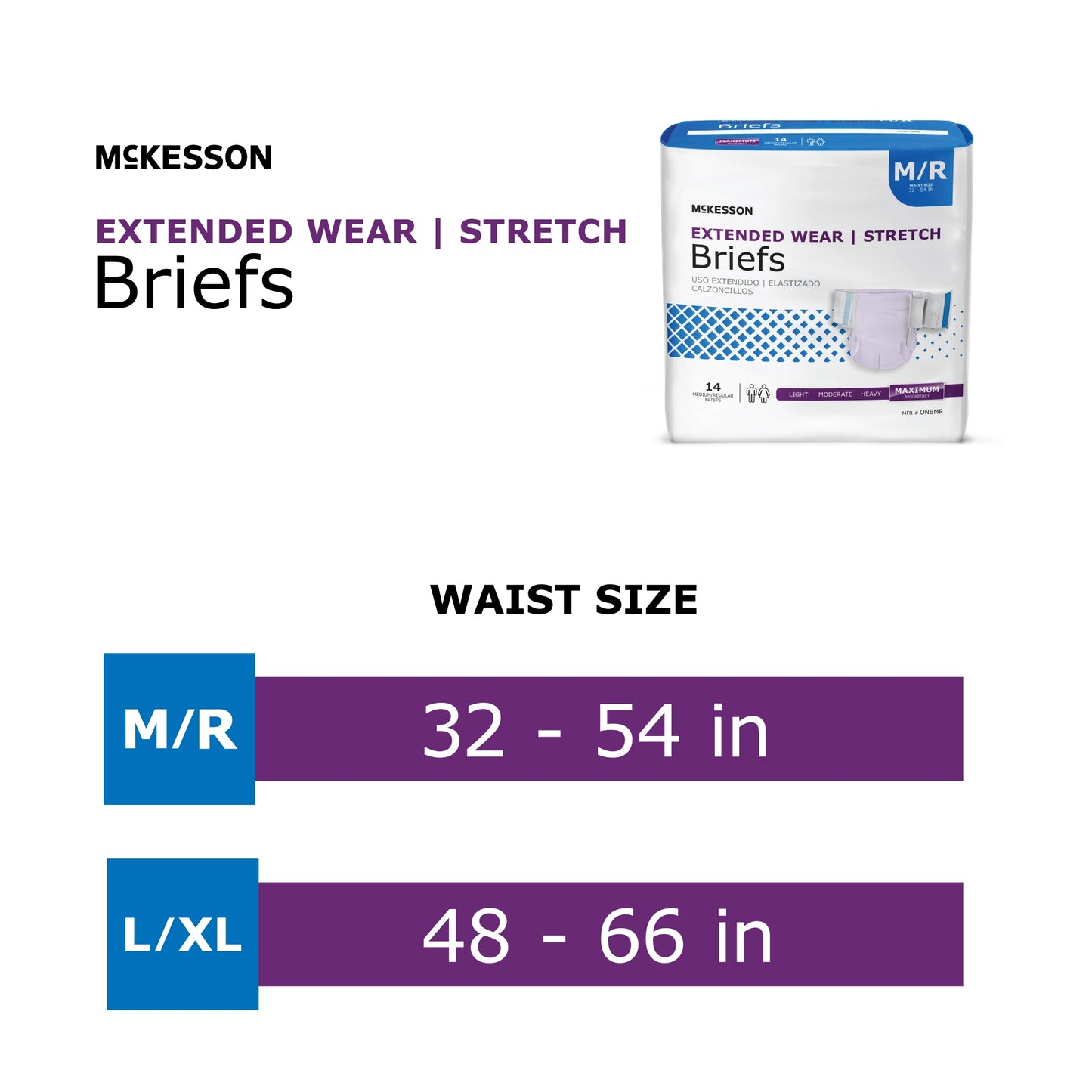 McKesson extended wear stretch briefs packaging with waist size information on a white background