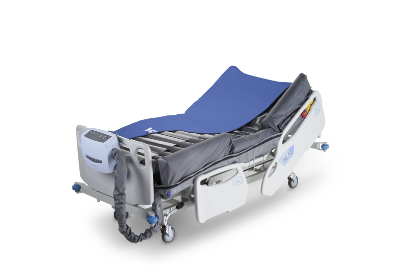 Hospital bed with blue mattress on a white background