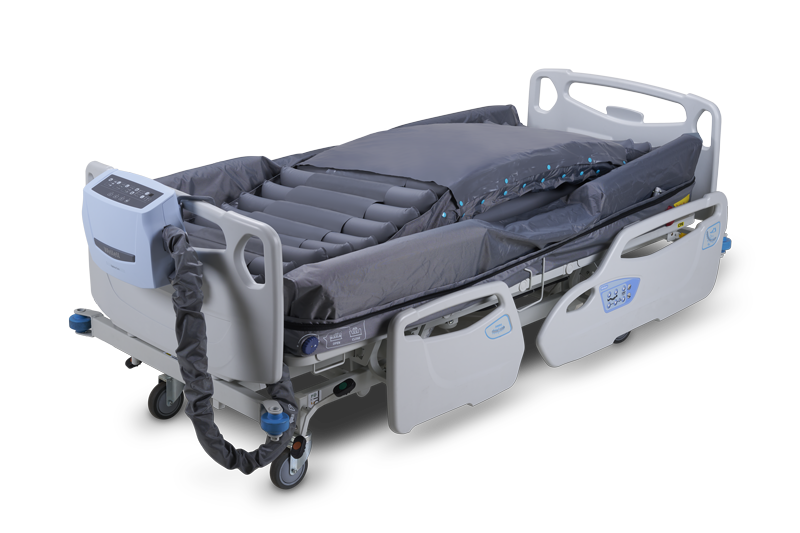 Hospital bed with adjustable features on a white background