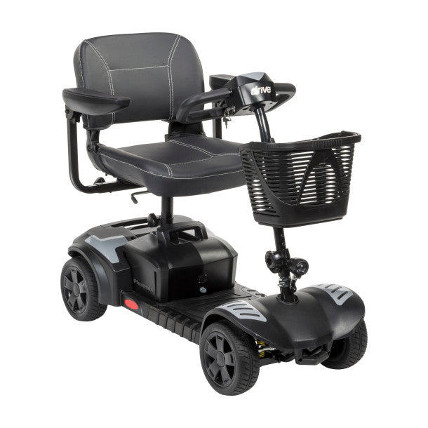 Black mobility scooter with a basket on a white background