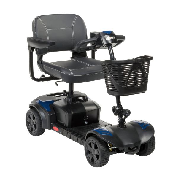 Black mobility scooter with a basket on a white background