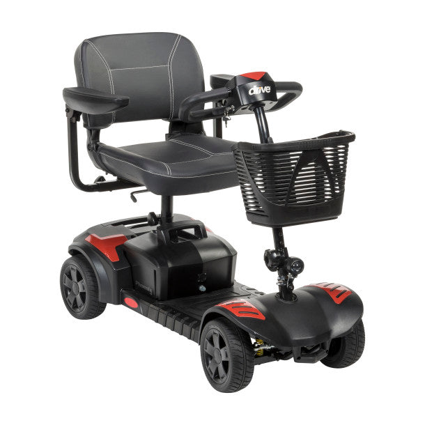 Black and red mobility scooter with a basket on a white background