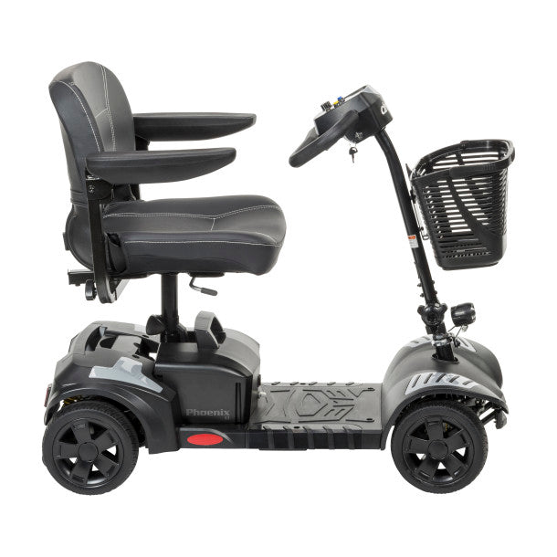 Gray mobility scooter with a basket on a white background