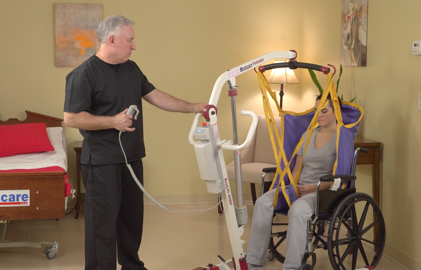 PL400EF being used to pick patient out of wheelchair easily