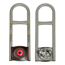 Two gray hand trucks with red and black components on a white background