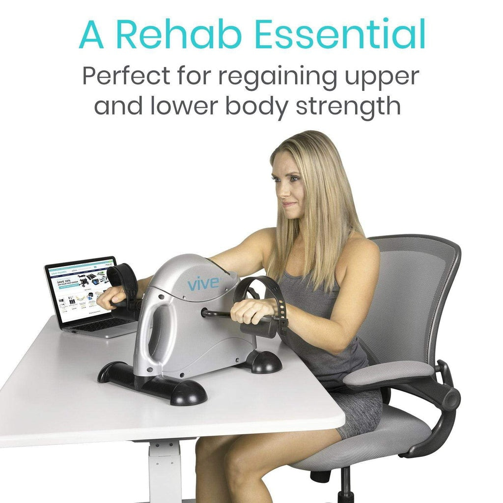 Woman using a Vive exercise bike on a desk with text highlighting its benefits