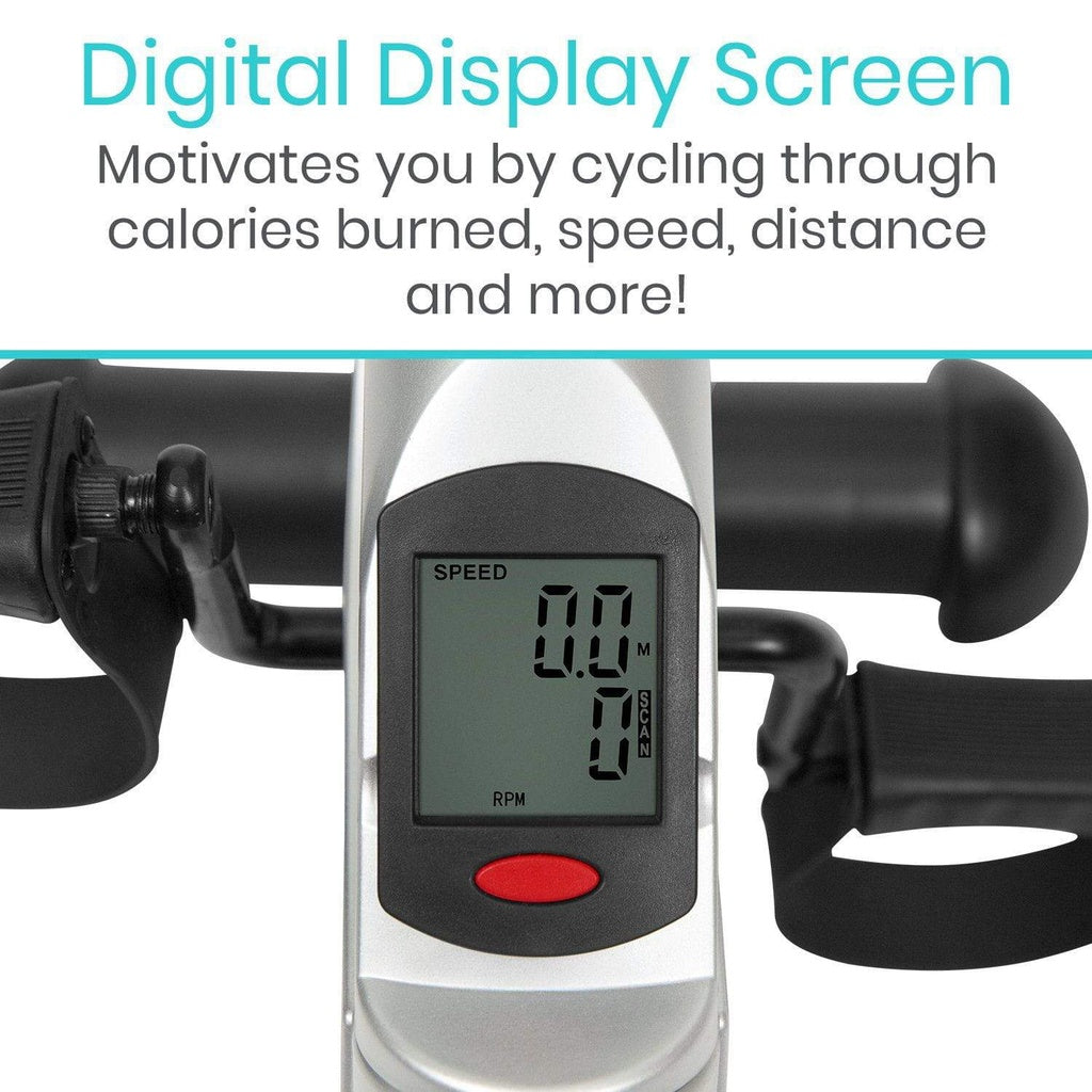 Digital display screen on a stationary bike with motivational information.
