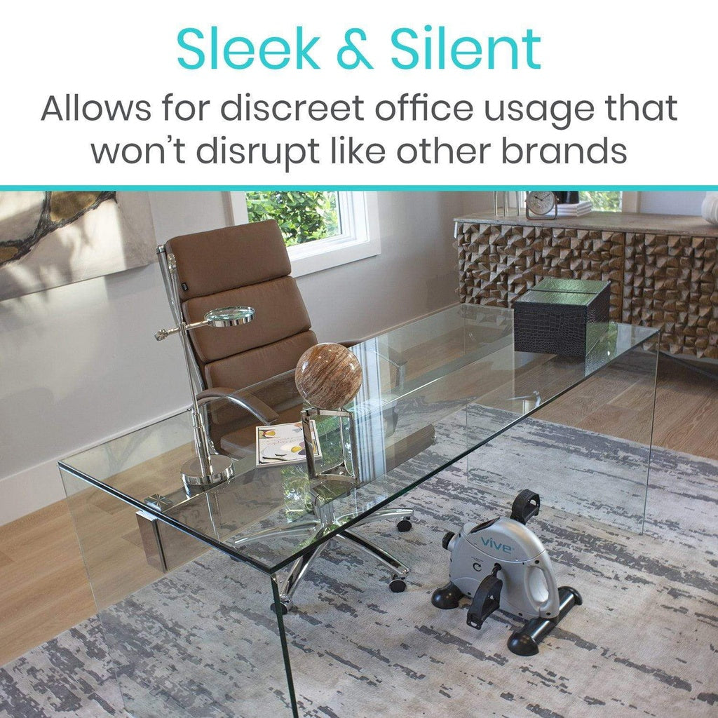 Modern office setup with a glass desk, chair, and small device labeled 'Vive'. Text highlights 'Sleek & Silent' feature.