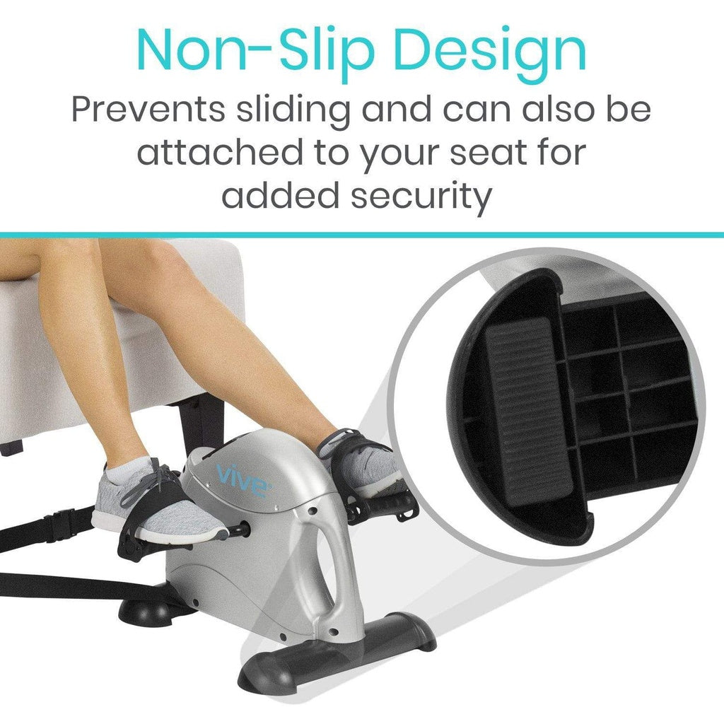 Exercise bike with non-slip design feature and text on a white background