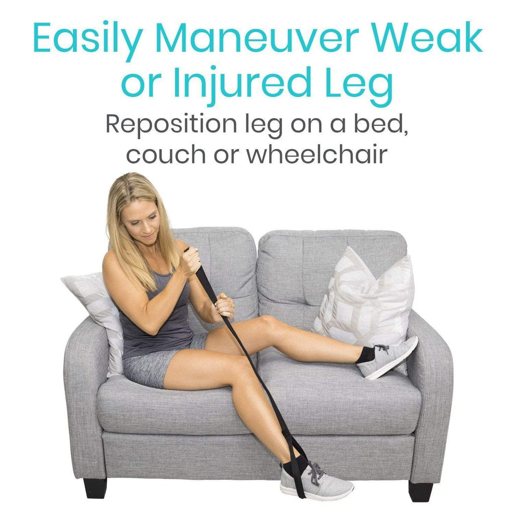 Woman using a leg repositioning device on a couch with text about its use.