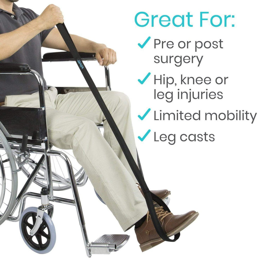 Person using a wheelchair with a strap, with text indicating uses for the product.
