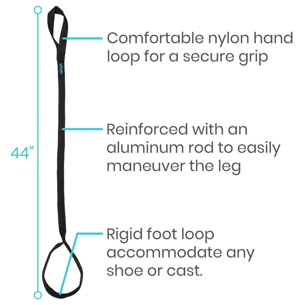 Diagram of a leg strap with labeled features and dimensions on a white background