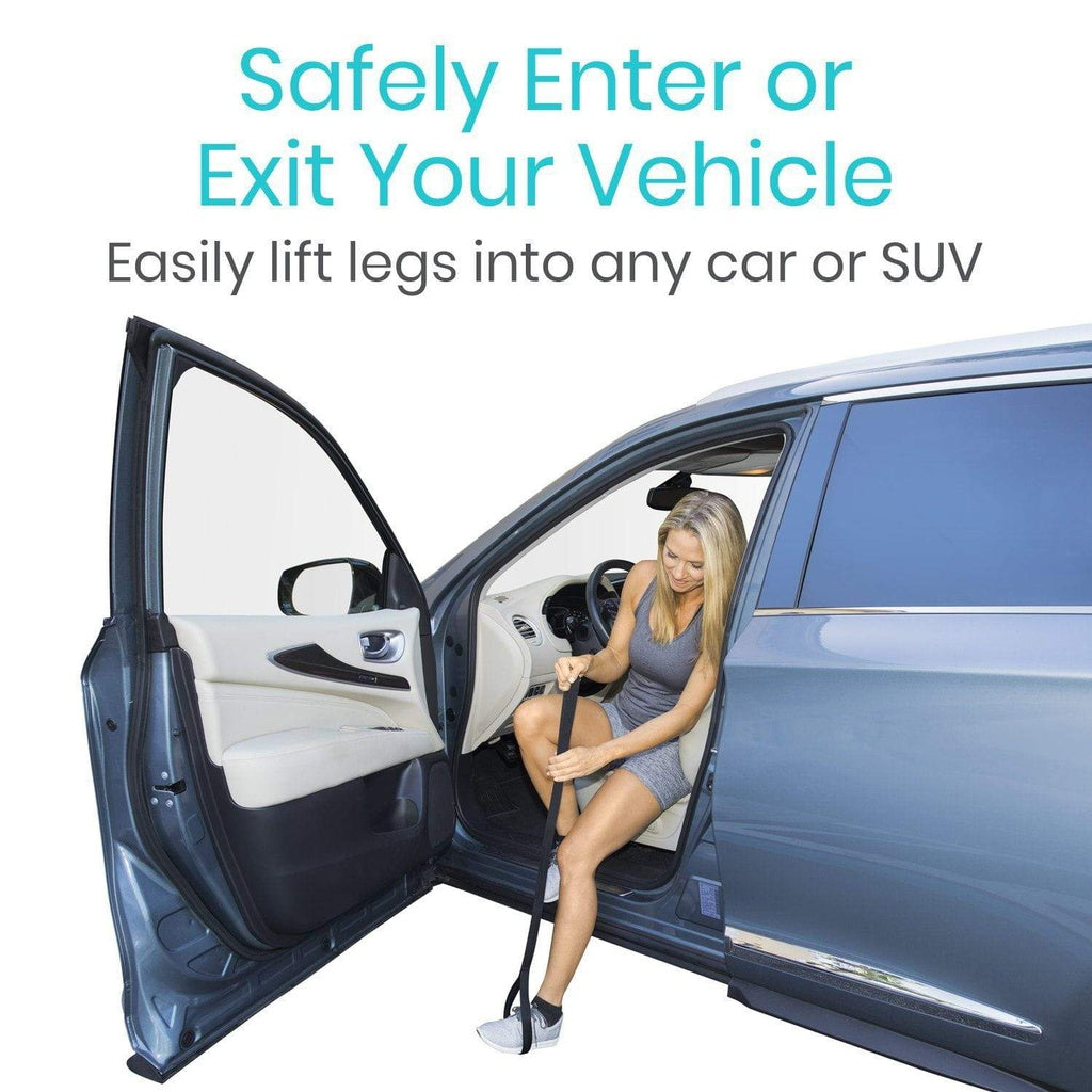 Woman using a car entry and exit aid to safely enter or exit a vehicle.