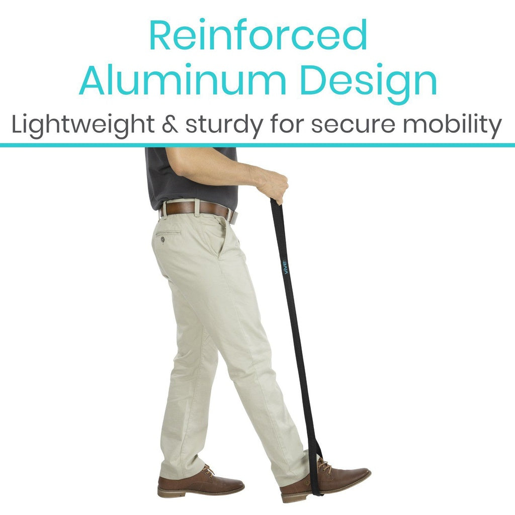 Person using a cane with text highlighting reinforced aluminum design on a white background