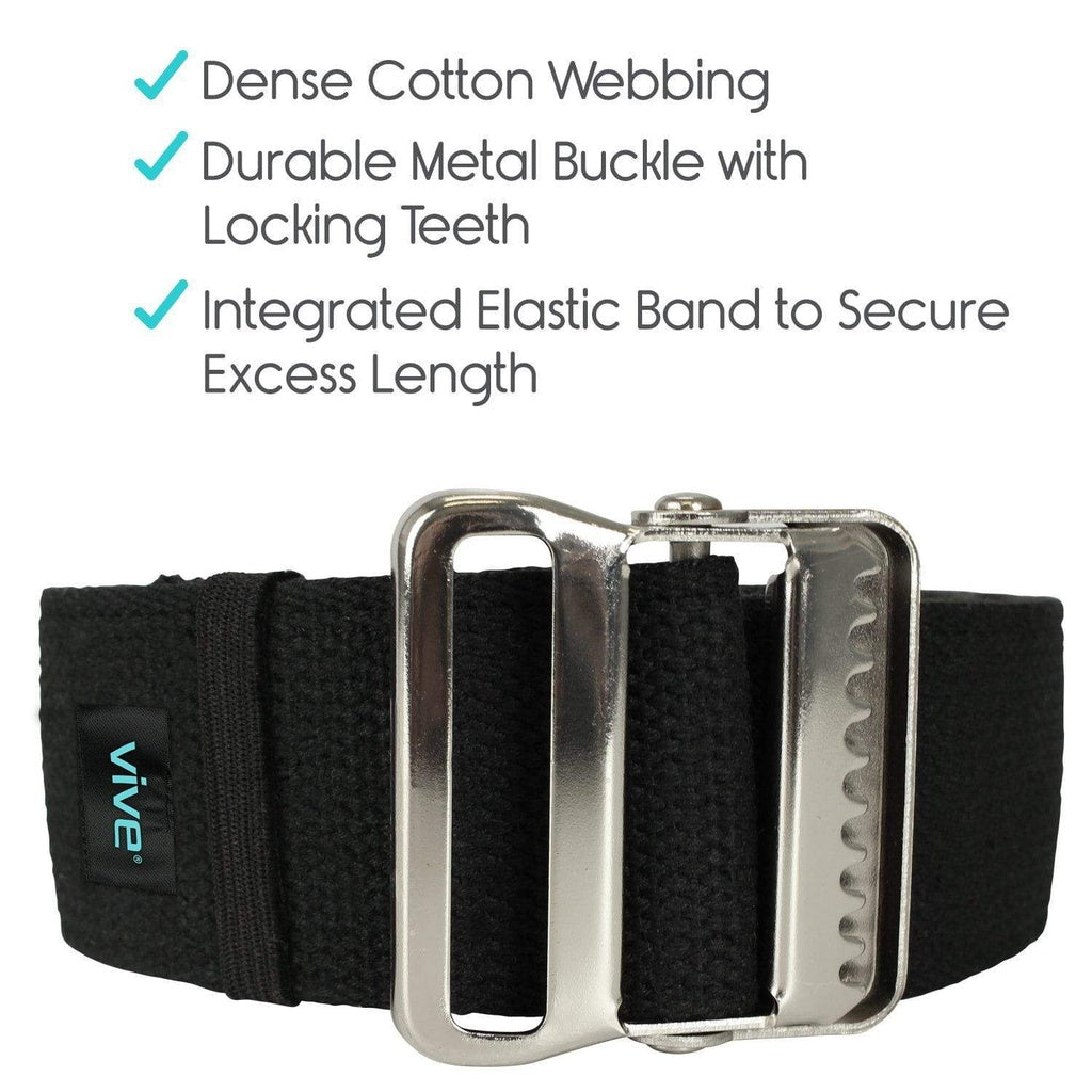 Black belt with metal buckle and Vive logo on a white background