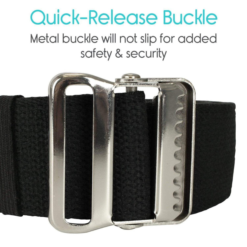 Black belt with a metal quick-release buckle on a white background