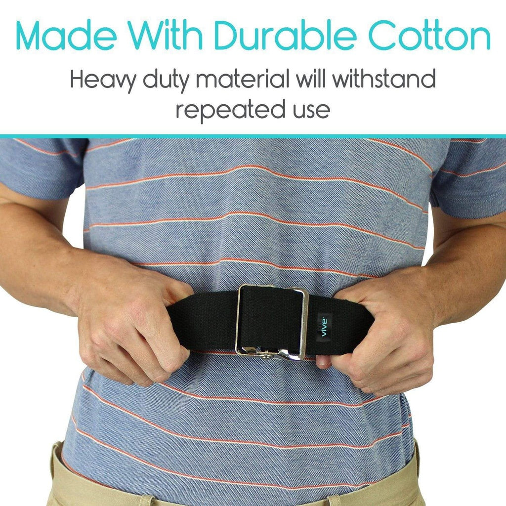 Person wearing a black belt with text about durable cotton material