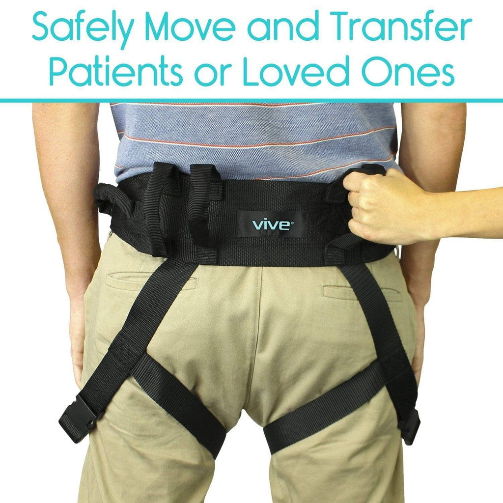 Person wearing a black harness with 'vive' branding, text about safely moving patients or loved ones.