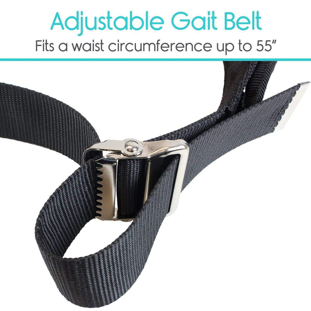 Gray adjustable gait belt with a metal buckle on a white background