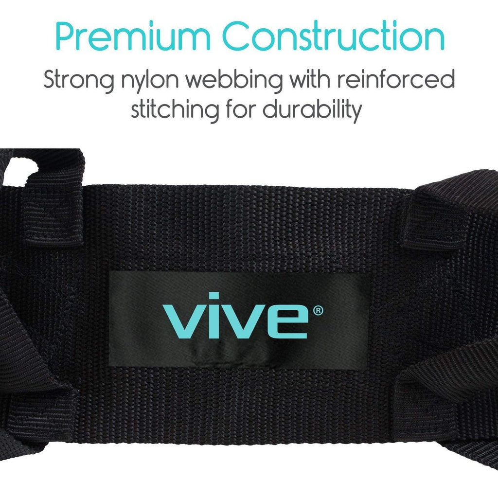 Black strap with 'Vive' branding and text about premium construction on a white background