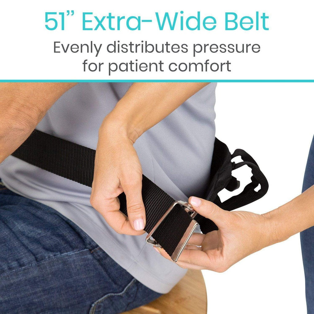 Person adjusting a 51-inch extra-wide belt for patient comfort on a medical device.