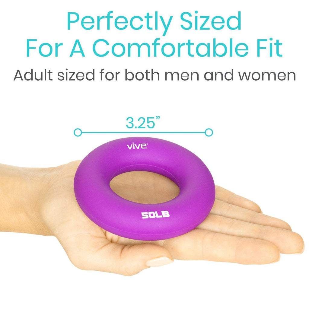 Purple ring with 'vive' and 'SOLB' branding on a hand, labeled 'Perfectly Sized For A Comfortable Fit'.