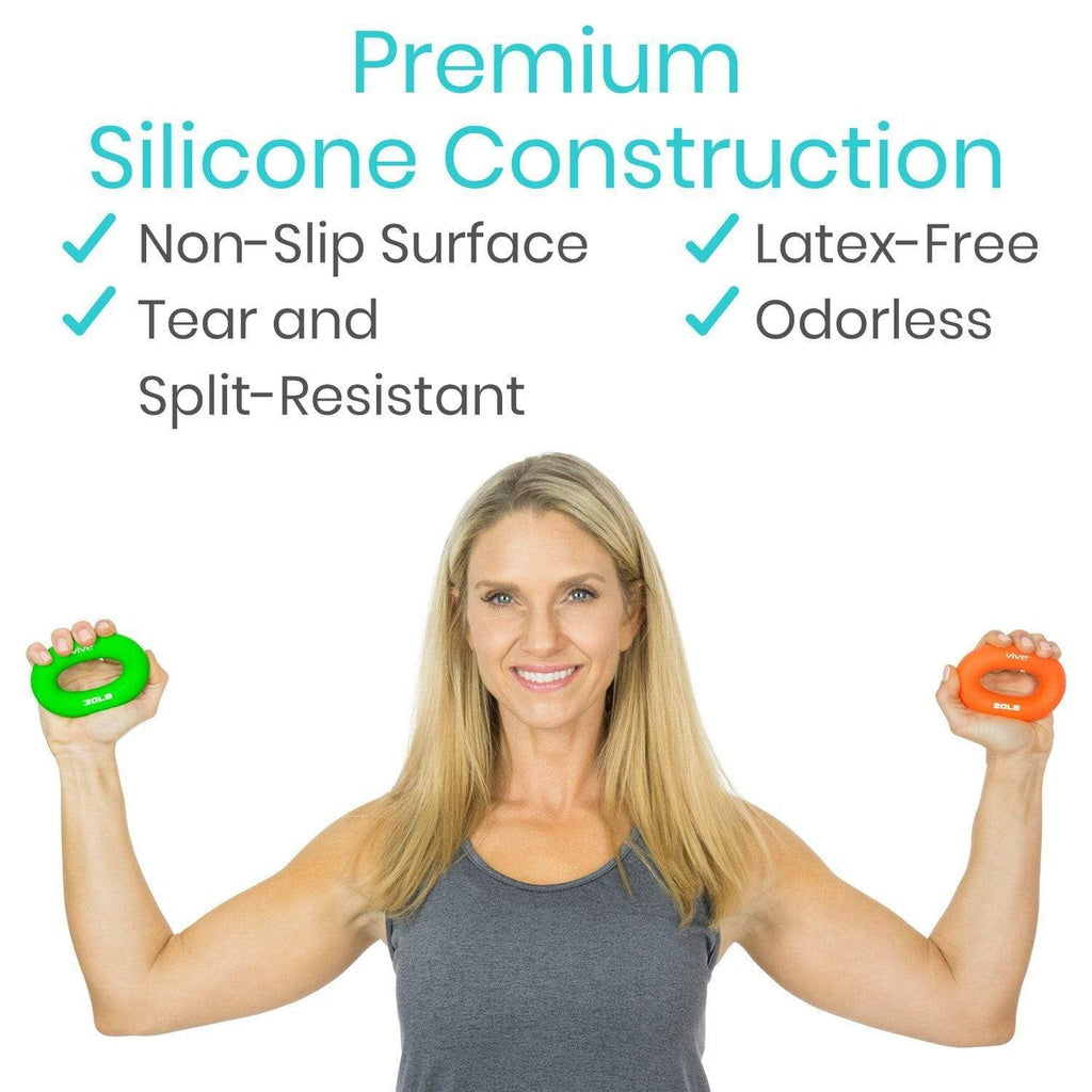 Woman holding two small exercise balls with text about product features on a white background