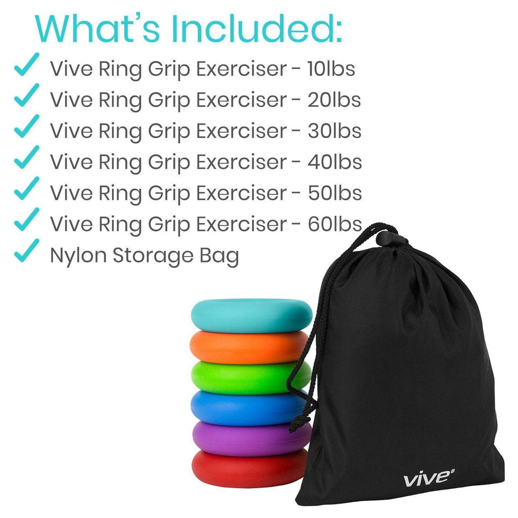 Stack of Vive Ring Grip Exercisers with a black storage bag on a white background