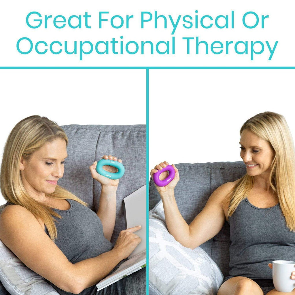 Woman using hand exercisers on a couch with text 'Great For Physical Or Occupational Therapy'.