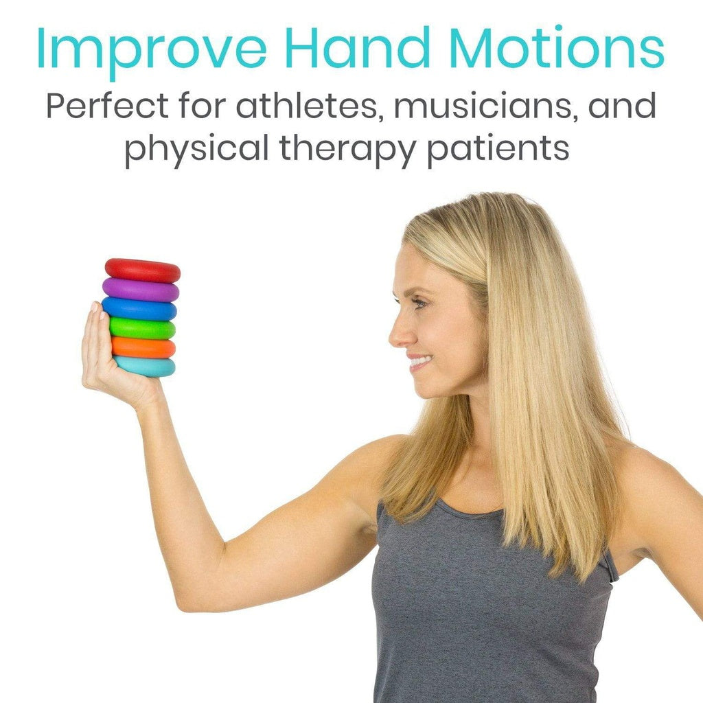 Woman holding colorful hand motion therapy tools with text about its use cases.