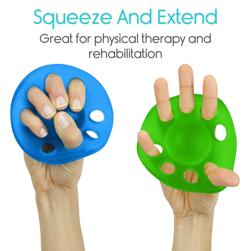 Blue and green hand exercisers held by hands with text 'Squeeze And Extend, Great for physical therapy and rehabilitation'.