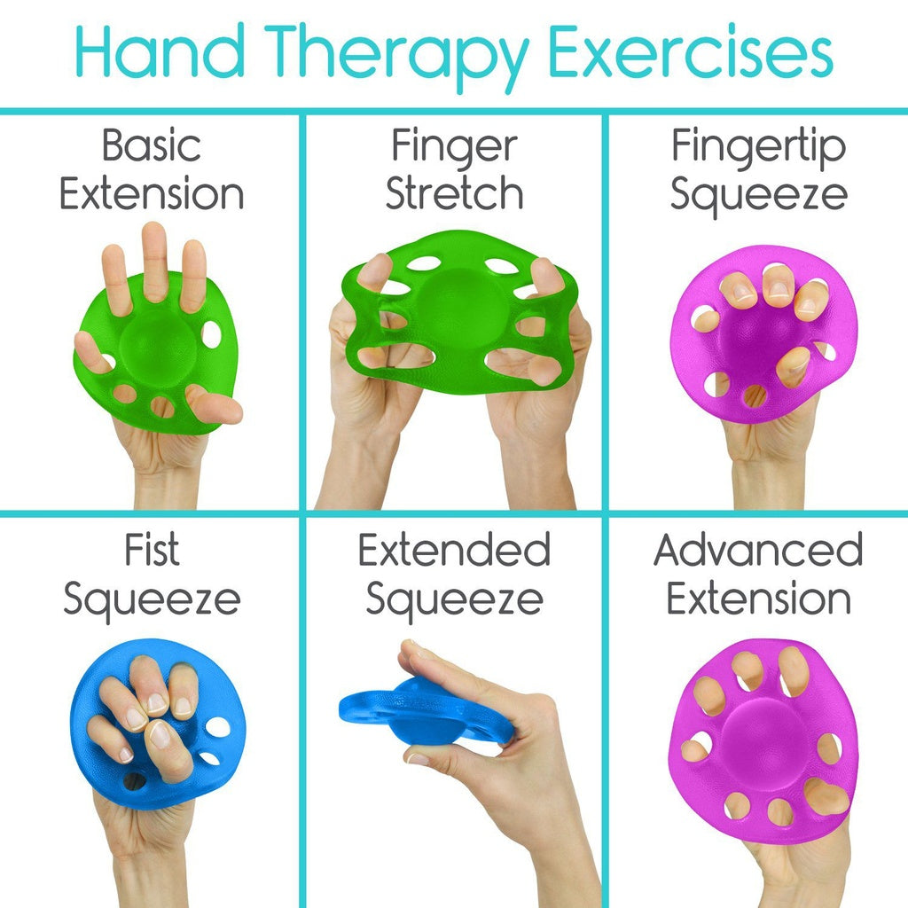 Hand therapy exercises with colorful tools on a white background