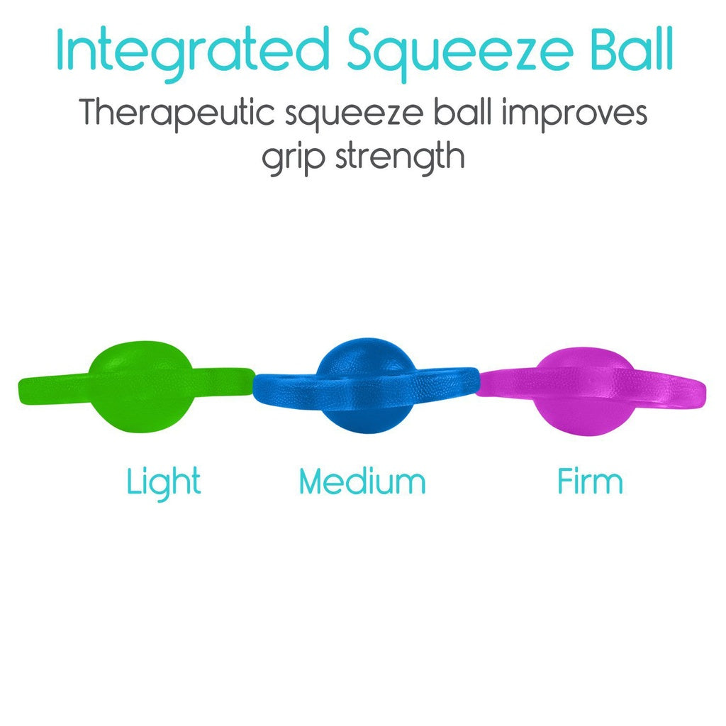 Three different intensity levels of a therapeutic squeeze ball on a white background with text about improving grip strength.