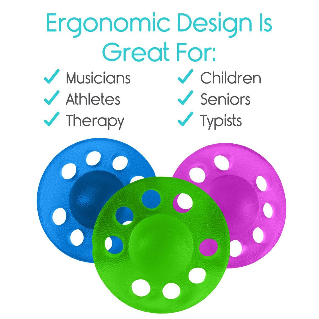 Three colorful discs with ergonomic design features on a white background