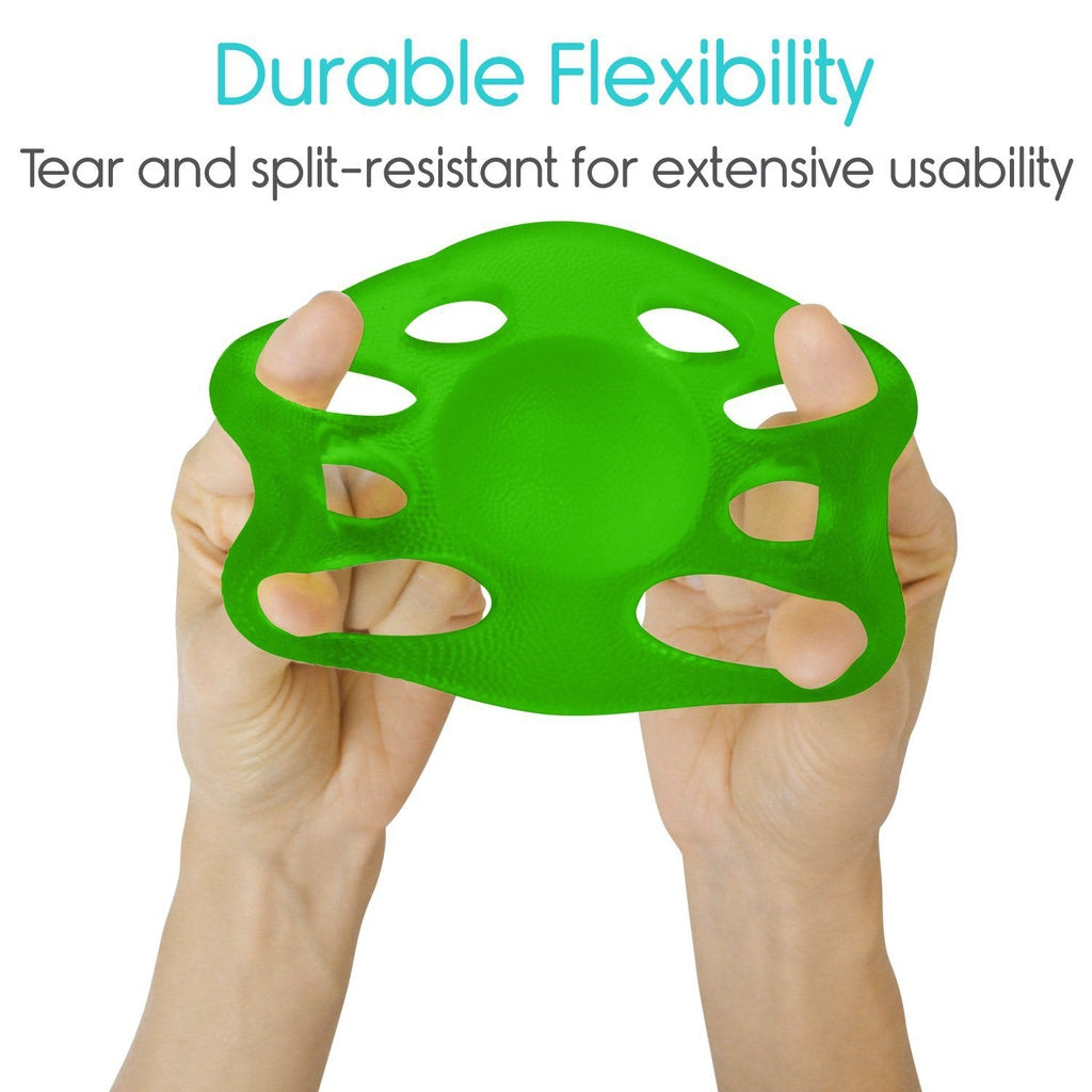 Green flexible object held by hands with text about durability and usability