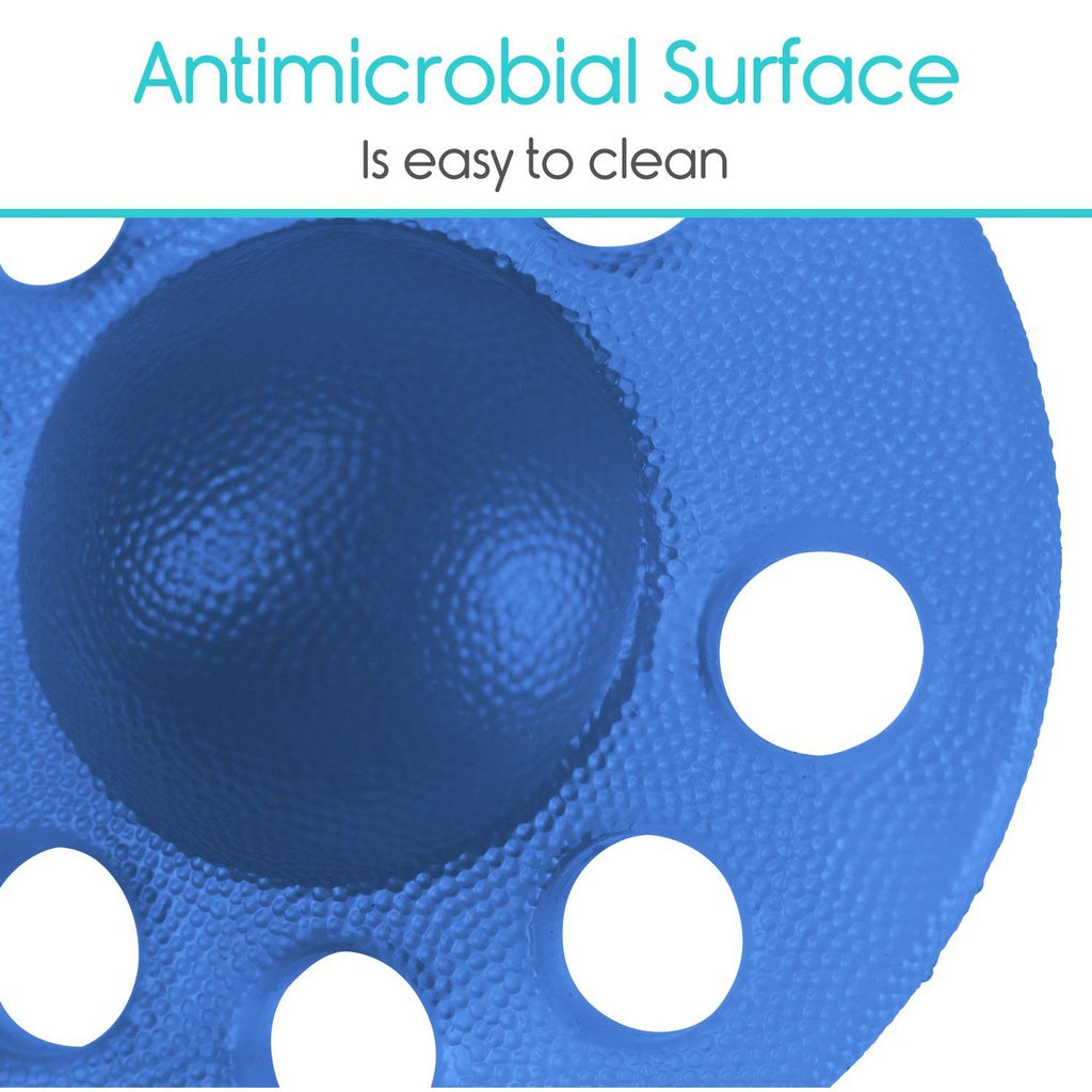 Blue antimicrobial surface with white text and pattern