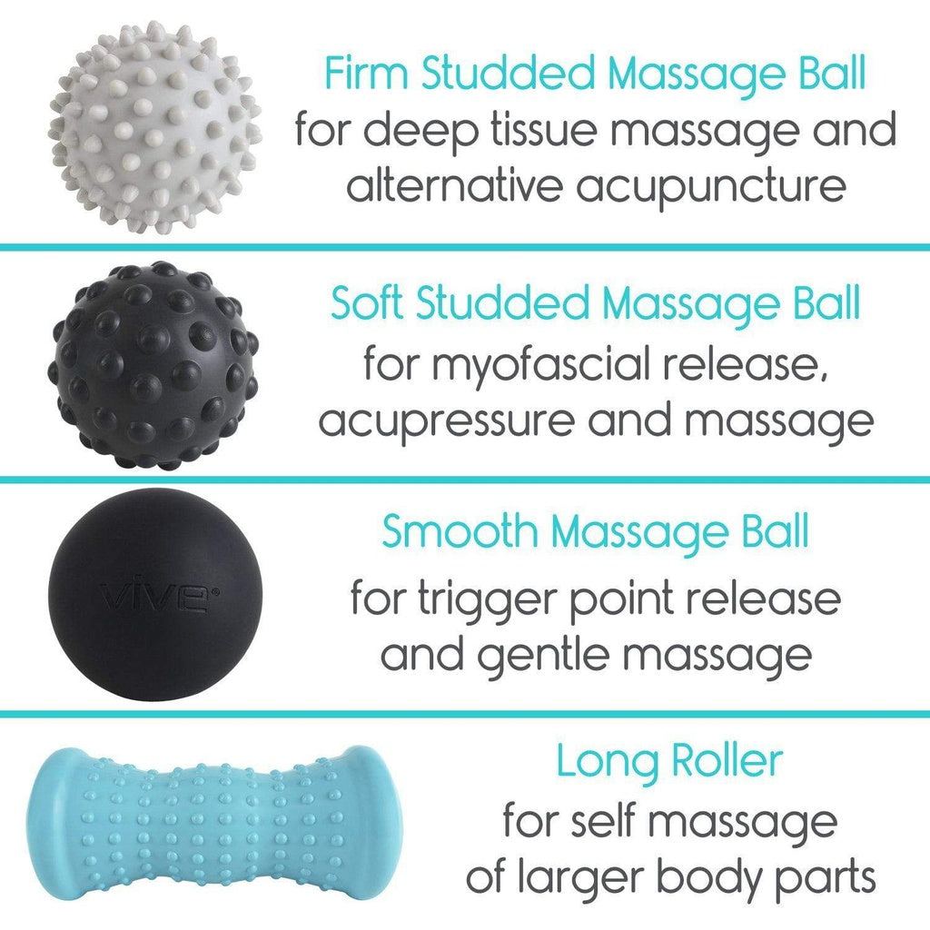 Massage balls with descriptions of their uses on a white background