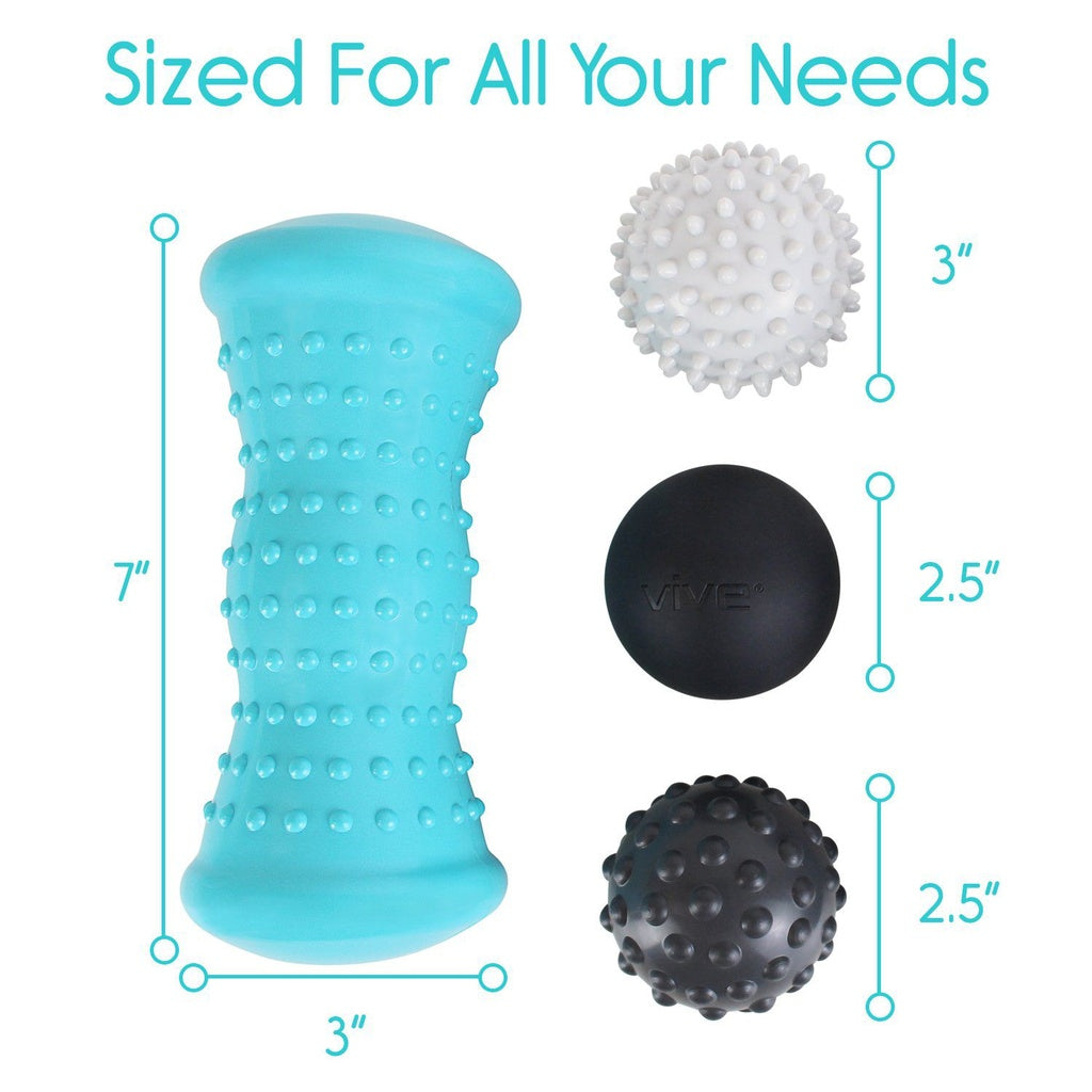 Set of massage tools including a blue roller, white spiked ball, and black balls with measurements on a white background.