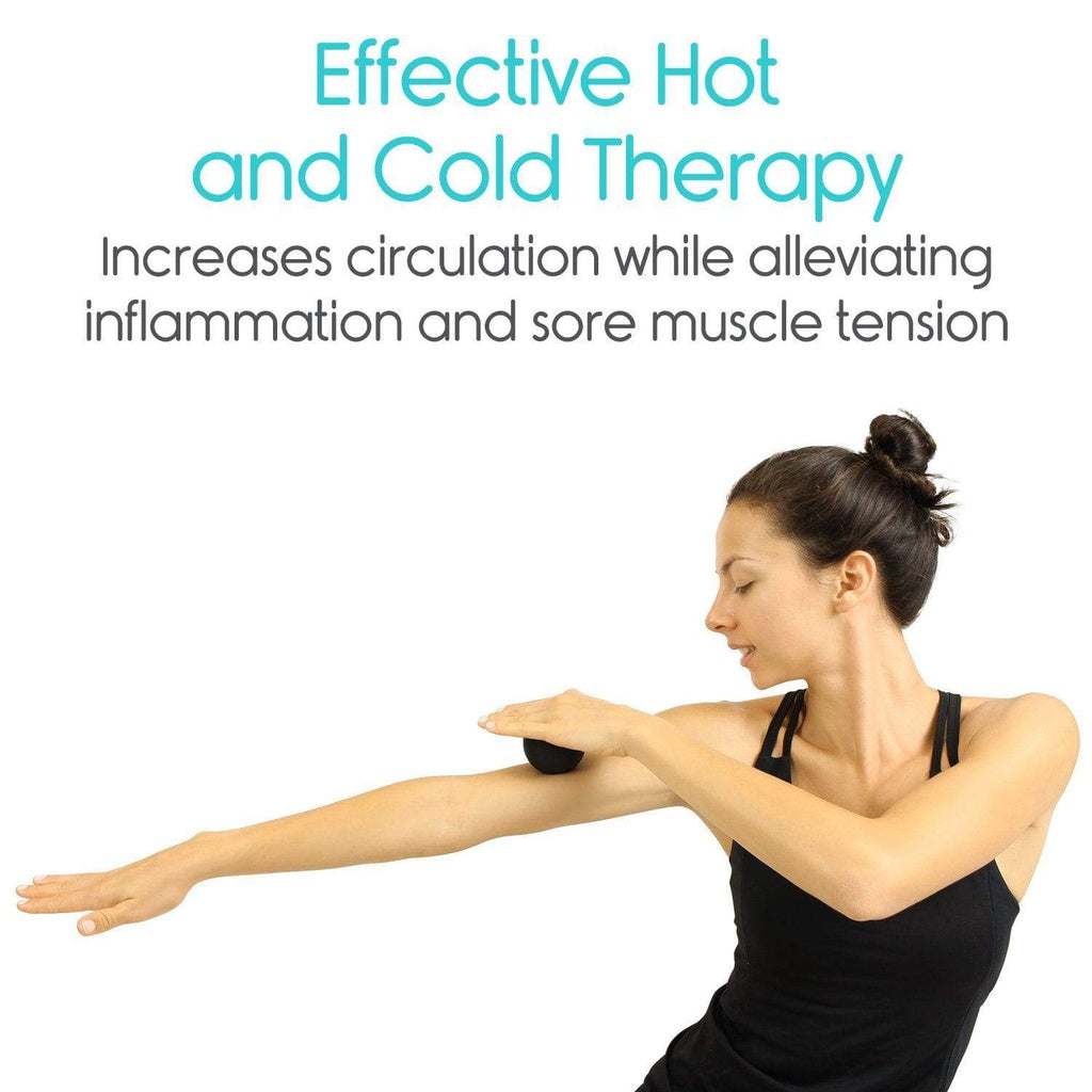 Woman using a hot and cold therapy device on her arm with text about its benefits.